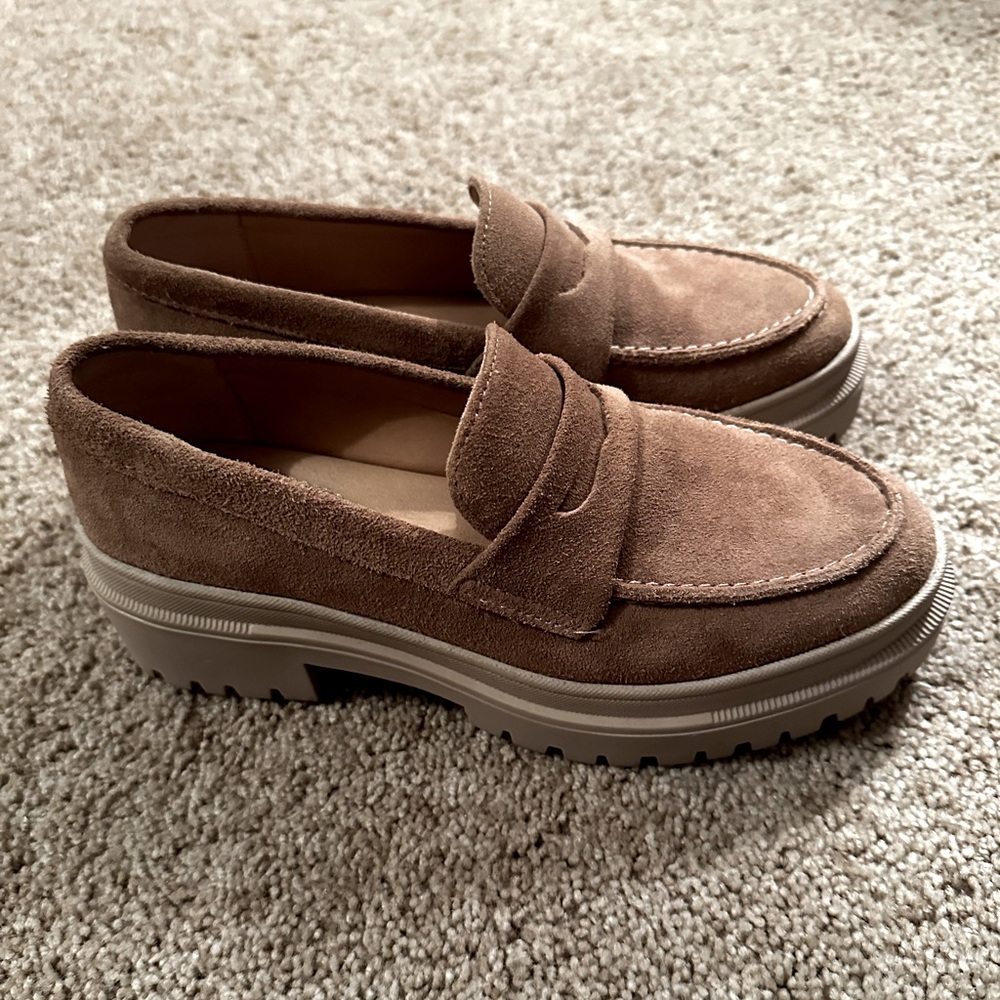 Portland Leather Taupe Suede Lug Sole Penny Loafers